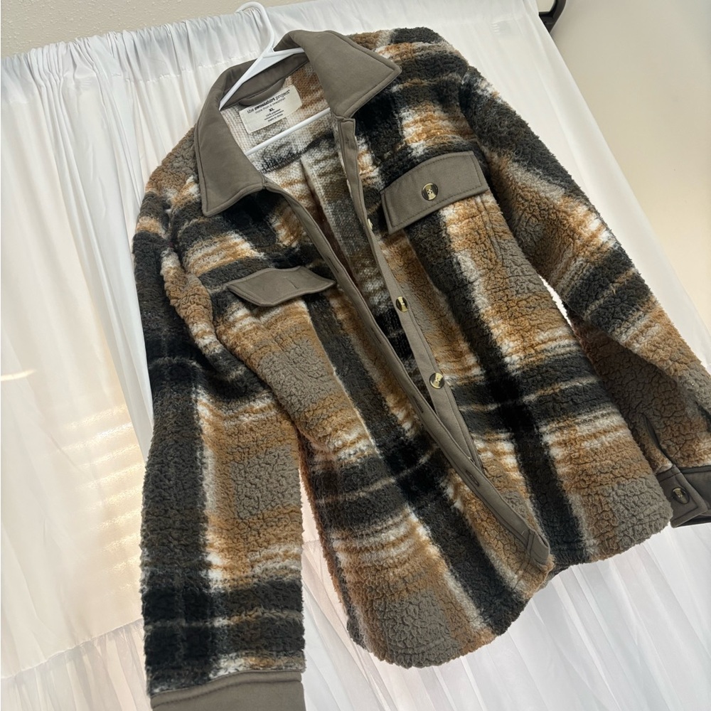 Plaid Sherpa Jacket with Button Details